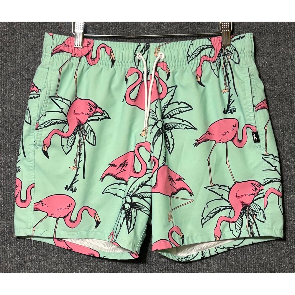 Hollister Mens Medium Swim Trunks Green Flamingo Palm Tree Print